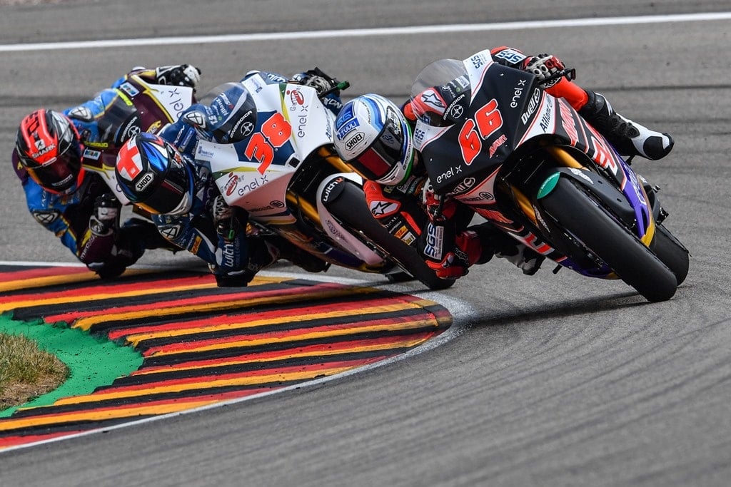  During the first round of the FIM Enel MotoE World Cup at Sachsenring racetrack. From left: Mike Di Meglio, Bradley Smith, Niki Tuuli the winner. On these Ego machines, as for all the Ego race motorbikes, there are some parts manufactured via professional 3D printing and Windform composite materials (manufacturer: CRP Technology) and via high-precision CNC machining (CRP Meccanica) [Image: CRP] 