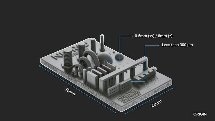  Sample high-resolution test print showing dimensions from the Origin One [Source: Origin] 