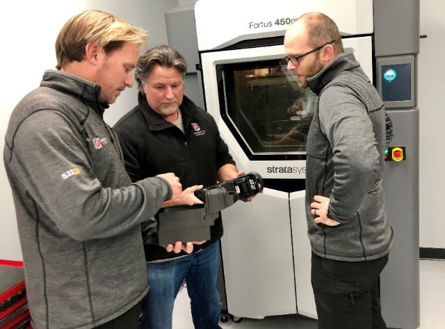  The team at Andretti leverage the Stratasys Fortus 450mc 3D Printer to speed design and development. Pictured from the team (L-R): Eric Bretzman, Technical Director; Michael Andretti, CEO; Aaron Marney, Senior Development Engineer [Image: Stratasys] 