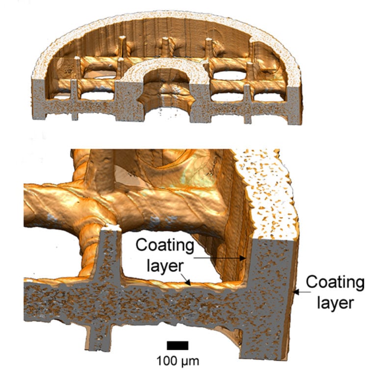  Cross section through absorber, showing crosslinks and ionic polymer coating (orange) [Image: UC Berkeley] 