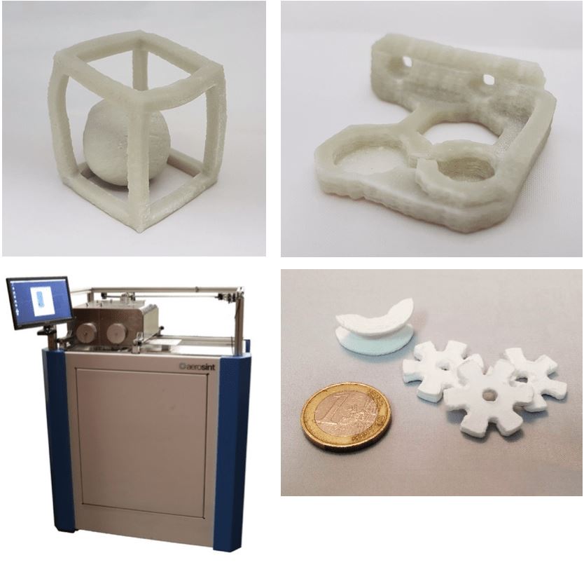  Example prints and the Aerosint setup. The cube is 5cm to one side, with a strut of 5mm, the bracket is 4.5cm to a side, with a height of 1cm. Both are made of glass. The gears and curved shape are made from Aluminum oxide (us kindly provided to us by Sasol). [Image: Aerosint] 