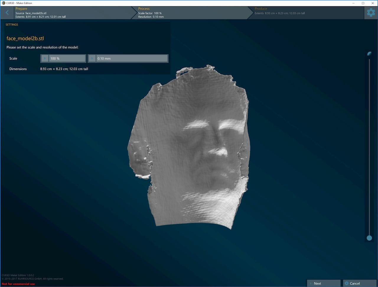  An ugly 2D face scan was mostly corrected with CUR3D to a printable state 