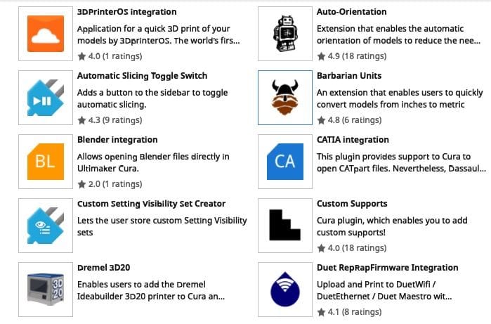  A few of the community plugins on the Ultimaker Cura Marketplace [Source: Fabbaloo] 