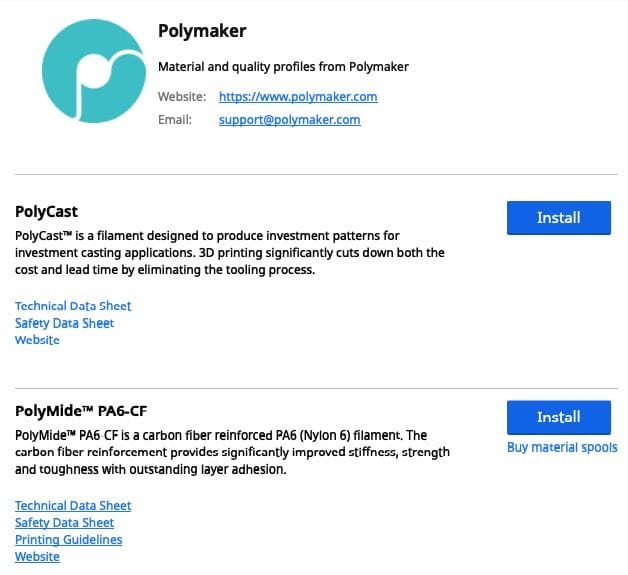 Polymaker’s entry in the Ultimaker Cura Marketplace. Note ability to install print profiles and load safety sheets [Source: Fabbaloo] 