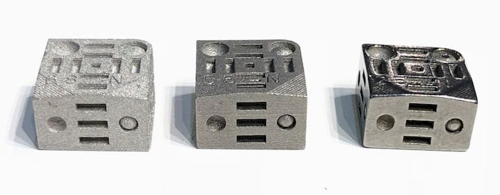  Three small 3D printed metal parts made by Digital Metal. On left, unfinished from the printer; with two examples of post-print finishing to smooth surfaces [Source: Fabbaloo] 