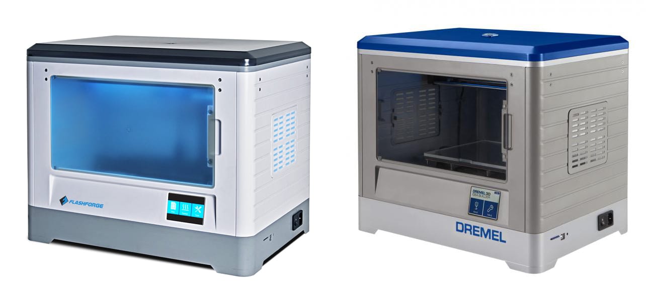  The original Dremel 3D20 desktop 3D printer (right) and the Flashforge model (left) upon which it was based 