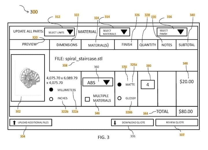  GUI for FATHOM’s new patent on 3D print service quoting [Source: Google Patents] 