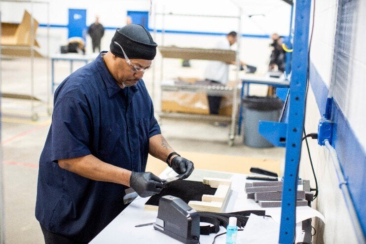 Operators and assemblers assemble medical face shields. Ford Motor Company, in cooperation with the UAW, will assemble more than 100,000 critically needed plastic face shields per week at a Ford manufacturing site to help medical professionals, factory workers and store clerks. [Source: Ford Motor Company]