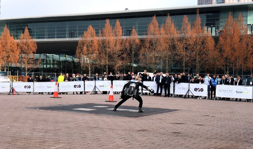  Also, where else are you likely to see a jet pack demo? Here, Gravity Industries’ demo that didn’t quite make it off the ground at Formnext 2018 [Image: Fabbaloo] 