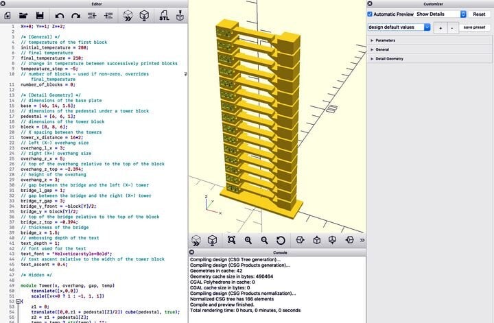 View of OpenSCAD code generating a temperature tower [Source: Fabbaloo]