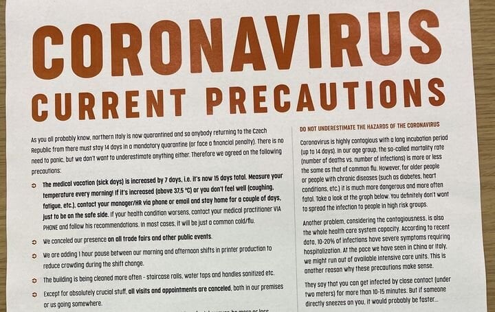 Employee instructions for Prusa Research employees during pandemic [Source: Prusa Research]