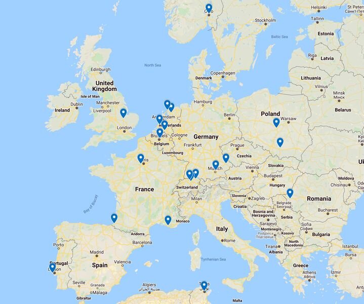 Map of European Ultimaker nodes ready to make COVID-19 equipment parts [Source: Fabbaloo]
