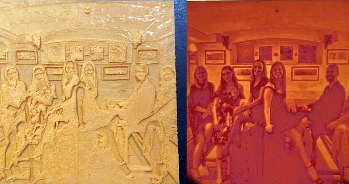 Here’s my lithophane result. Normally-lit 3D print on the left, with the same print back-lit on the right. Amazing detail! [Source: Fabbaloo]