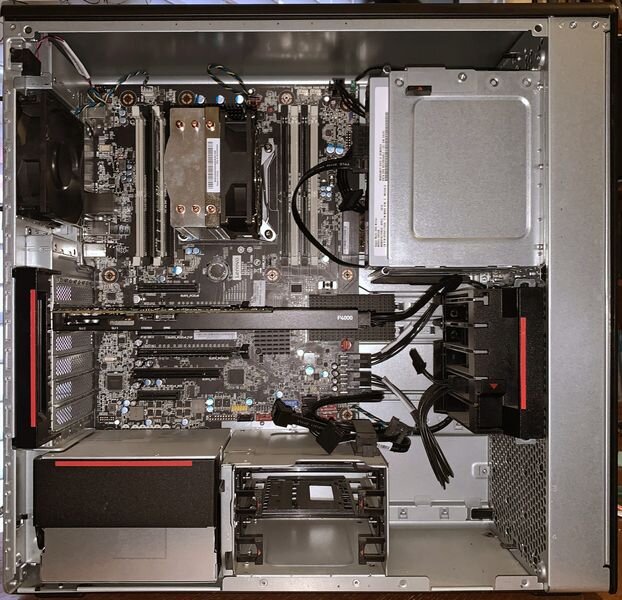 The Lenovo ThinkStation P520 internals with ample space for expansions on RAM, Storage, and GPU [Source: SolidSmack]