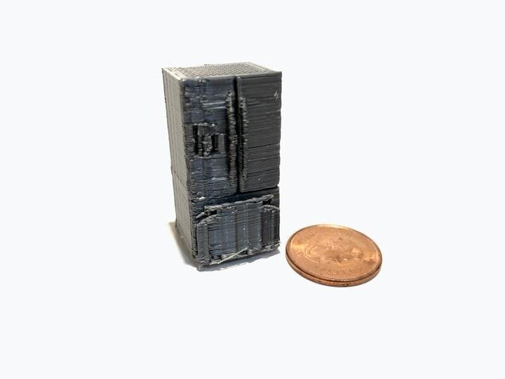  Lousy attempt at 3D printing the GE fridge 3D model, which was too small [Source: Fabbaloo] 