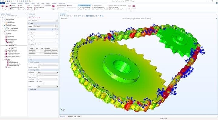  Analysis of an elastic chain drive in COMSOL Multiphysics 5.5’s Multibody Dynamics Module. (Image courtesy of COMSOL.) 