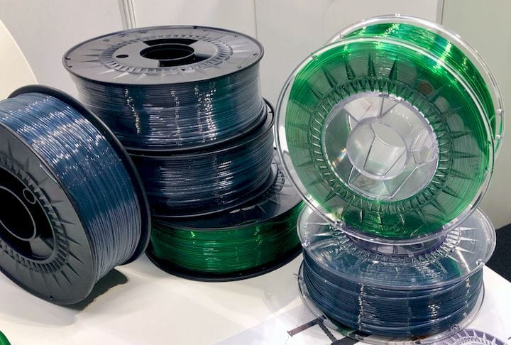  Spools of translucent green and blue-gray PET filament from RE PET 3D [Source: Fabbaloo] 