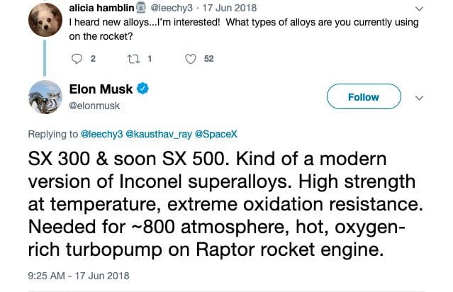  Elon Musk tweeting about the SX 500 superalloy [Source: Twitter] 