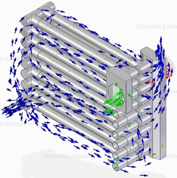  A FloEFD simulation of two high school students’ water-saving automotive heat exchanger. (Image courtesy of Tucker Sawyer.) 