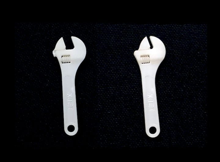 An incredible 2cm long 3D printed ceramic wrench by XJet, which actually works! The two images are after operating the rotating adjuster [Source: Fabbaloo] 