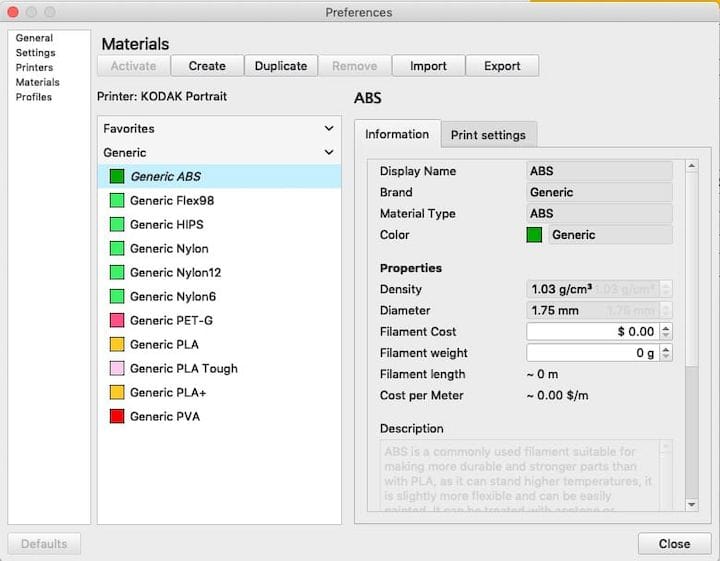  Material selection possibilities on the Kodak Portrait 3D printer [Source: Fabbaloo] 
