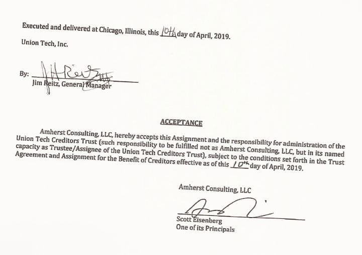  Signatures on the Union Tech asset assignment legal document [Source: Union Tech] 