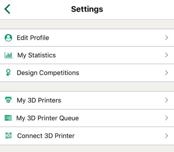  3D printer configuration information in the MyMiniFactory app is hidden in the Profile section [Source: Fabbaloo] 