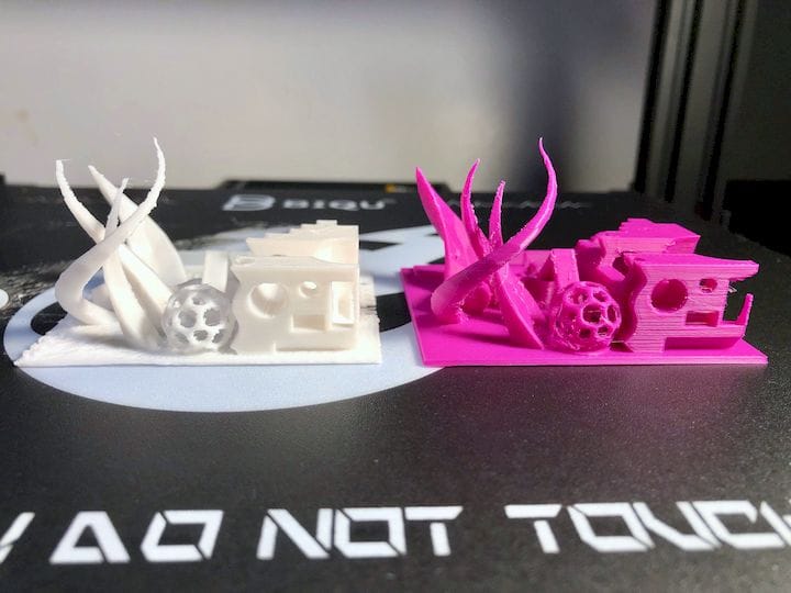  Comparing 3D print quality; on the left is the BIQU Thunder print of the Super Stress Test, and on the right is the same from a Prusa MK2.5S [Source: Fabbaloo] 