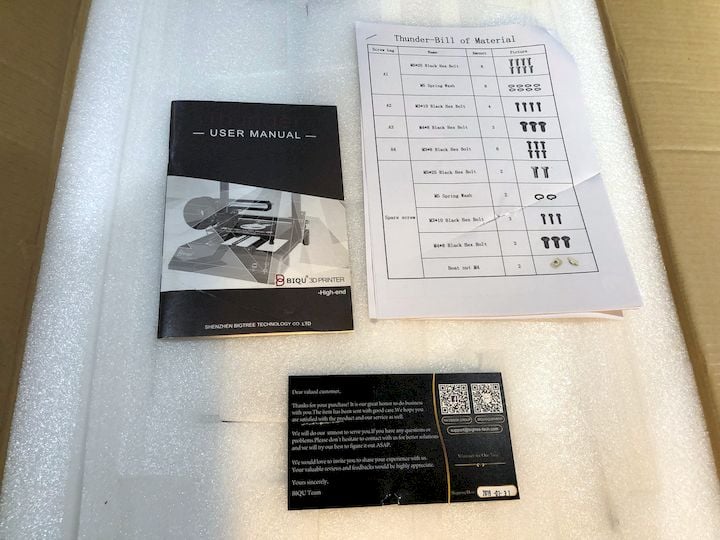  The small instruction manual for the BIQU Thunder desktop 3D printer [Source: Fabbaloo] 