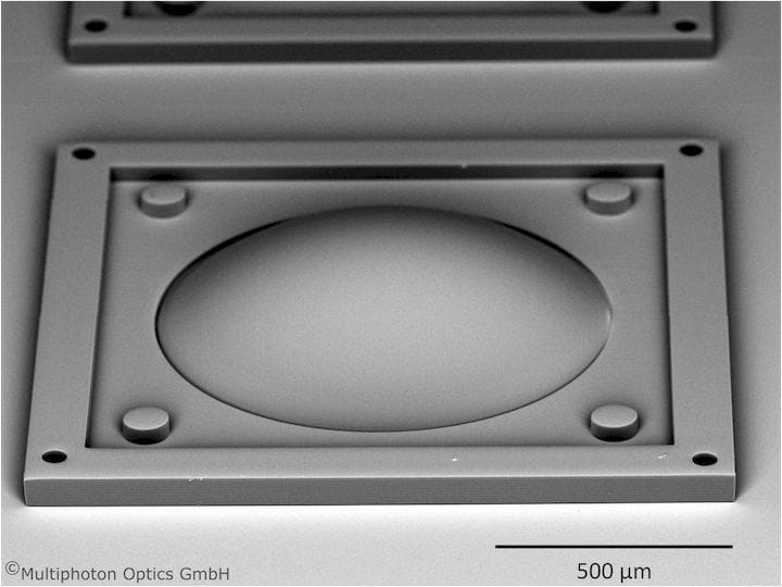  A tiny, but high-precision, lens box produced on the LithoProf3D [Source: Multiphoton Optics] 