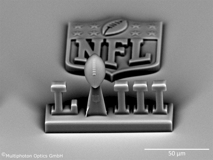  A very small, high-resolution NFL-themed 3D print made on the LithoProf3D [Source: Multiphoton Optics] 