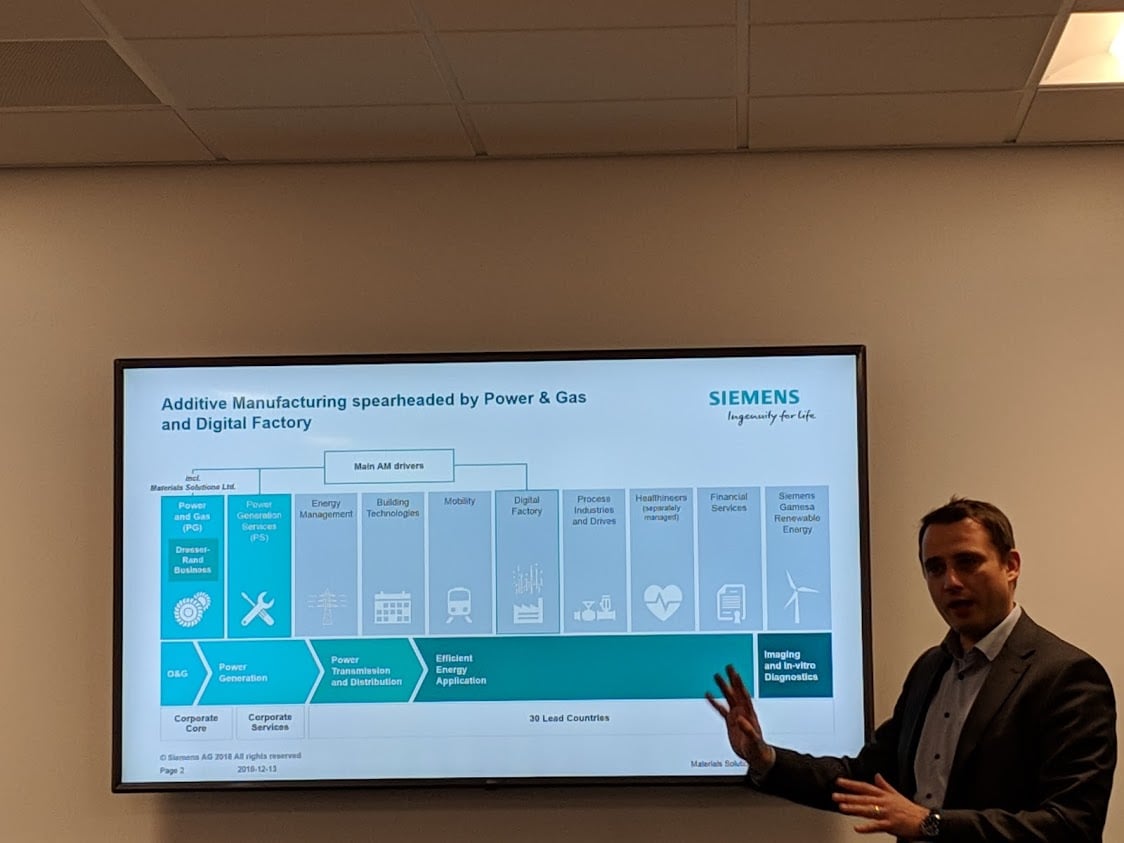  Markus Seibold, Vice President Additive Manufacturing, Siemens Power & Gas, discussing additive manufacturing focus at Siemens [Image: Fabbaloo] 