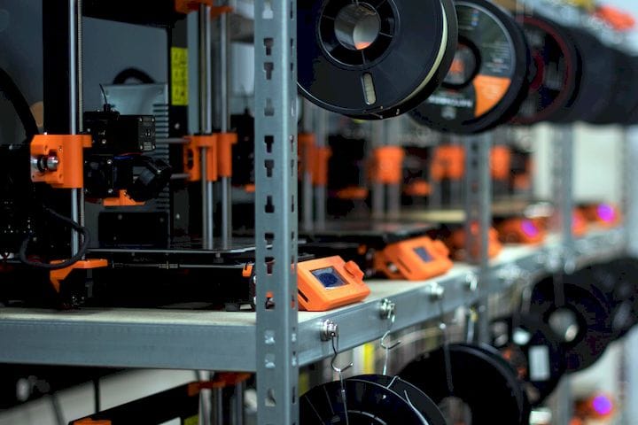  Some of MakerFleet’s fleet of Prusa 3D printers acting as an on-demand factory [Source: MakerFleet] 