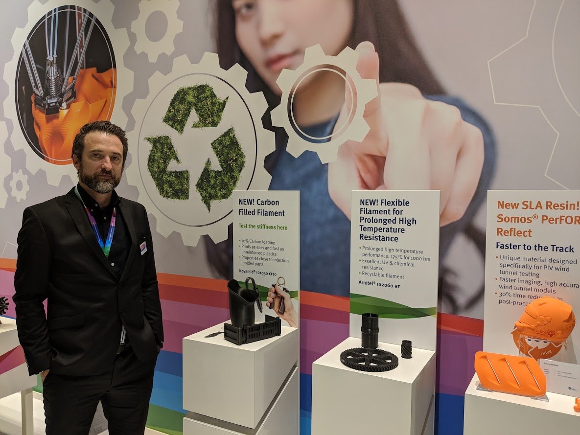  Hugo da Silva, Vice President of Additive Manufacturing, DSM, with new materials at formnext 2018 [Image: Fabbaloo] 