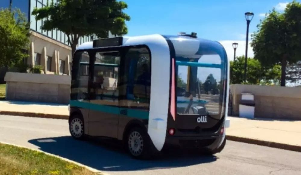  Made with many 3D-printed parts, Olli, the self-driving shuttle, arrives at UB. (Image courtesy of Douglas Levere and University at Buffalo.)  
