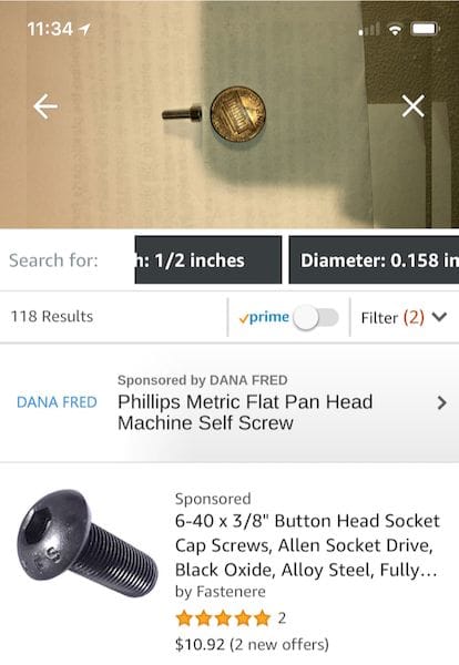  A possible fit for a scanned part on Amazon's PartFinder 