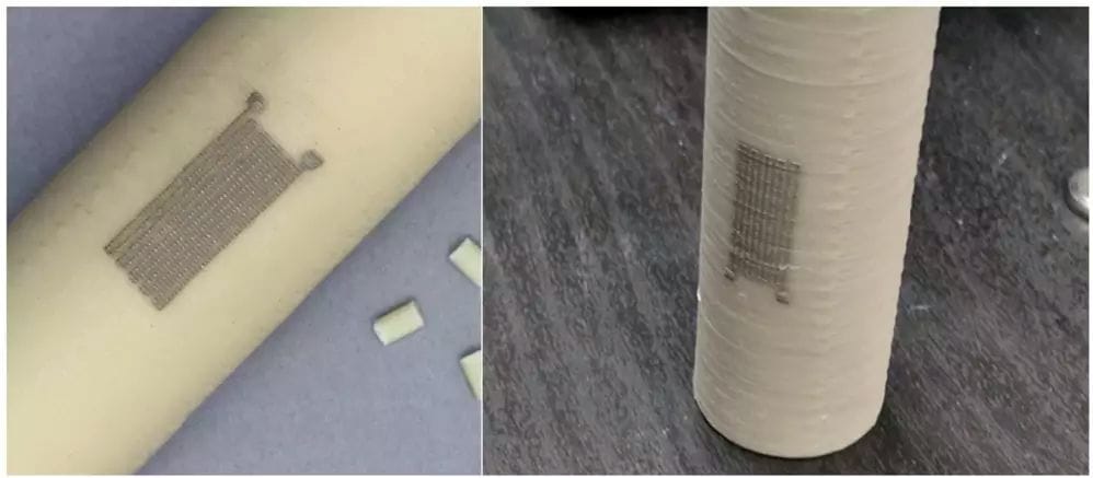  Strain gauge conformally printed onto the side of a printed PAPC cylinder. (Left image courtesy of FibreTuff, right image courtesy of nScrypt.)   