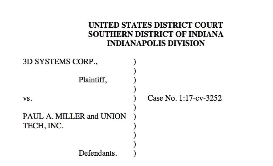  Header of the legal complaint from 3D Systems to Union Tech 