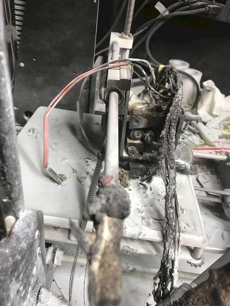  Hard to see, but the hot end was the source of the 3D printer fire 