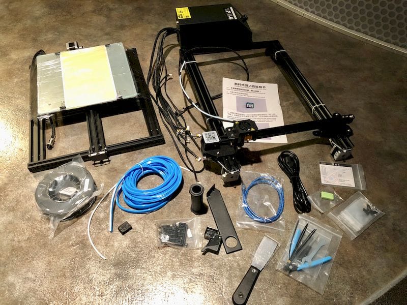  All the pieces you get with the partly assembled Creality CR-10S desktop 3D printer 