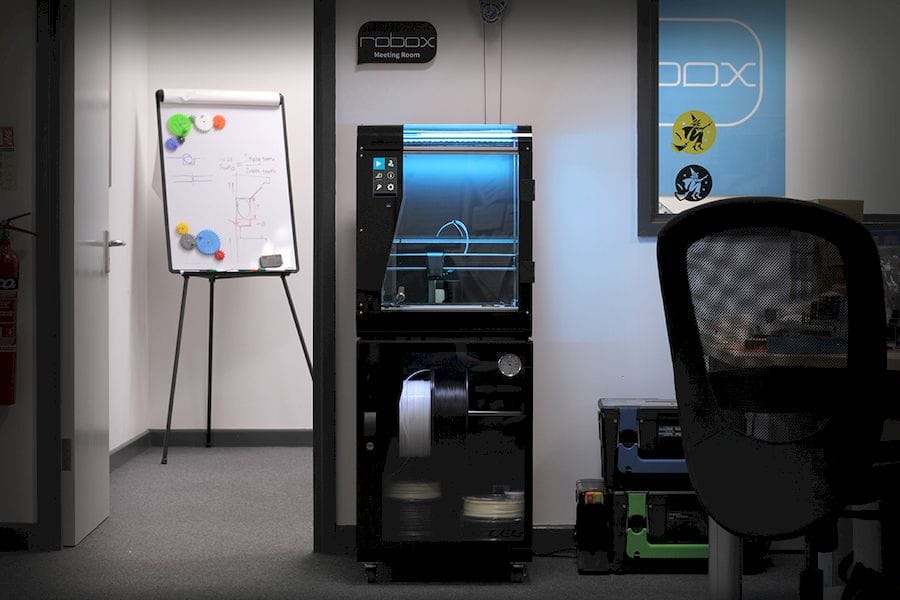  The new RoboxPRO professional desktop 3D printer from CEL on top of the filament dry box 