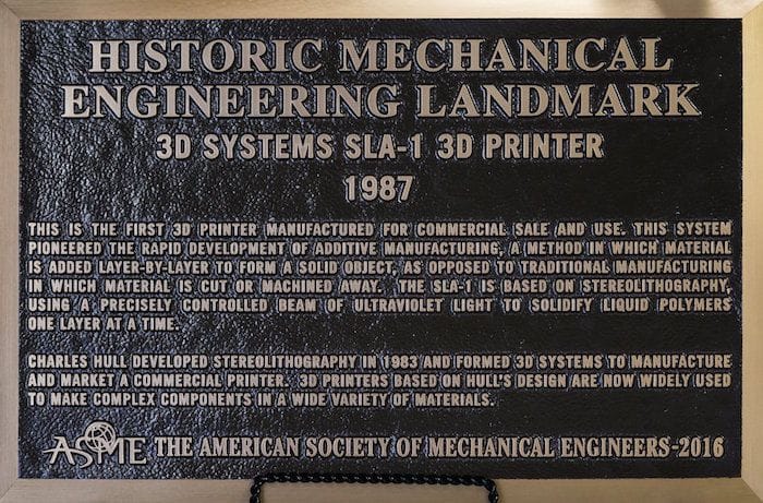  Plaque commemorating the first commercial 3D printer from 1987 at 3D Systems 