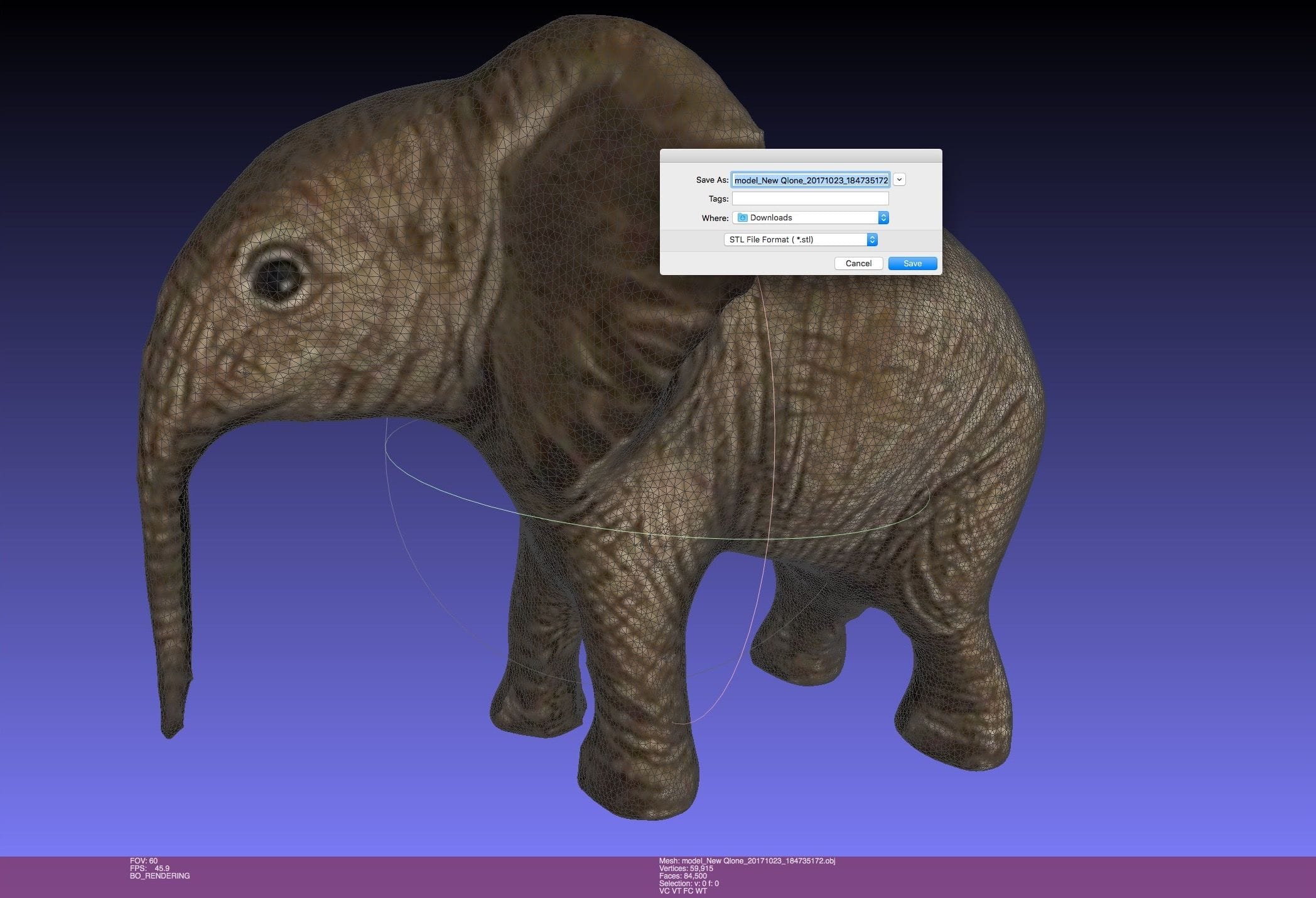  The same 3D elephant model found in Google Poly, now being converted into STL format for printing 