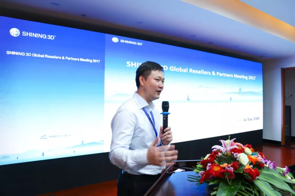  Shining 3D CEO Li Tao kicks off the international reseller event in Hangzhou, China. (Image courtesy of Shining 3D.) 