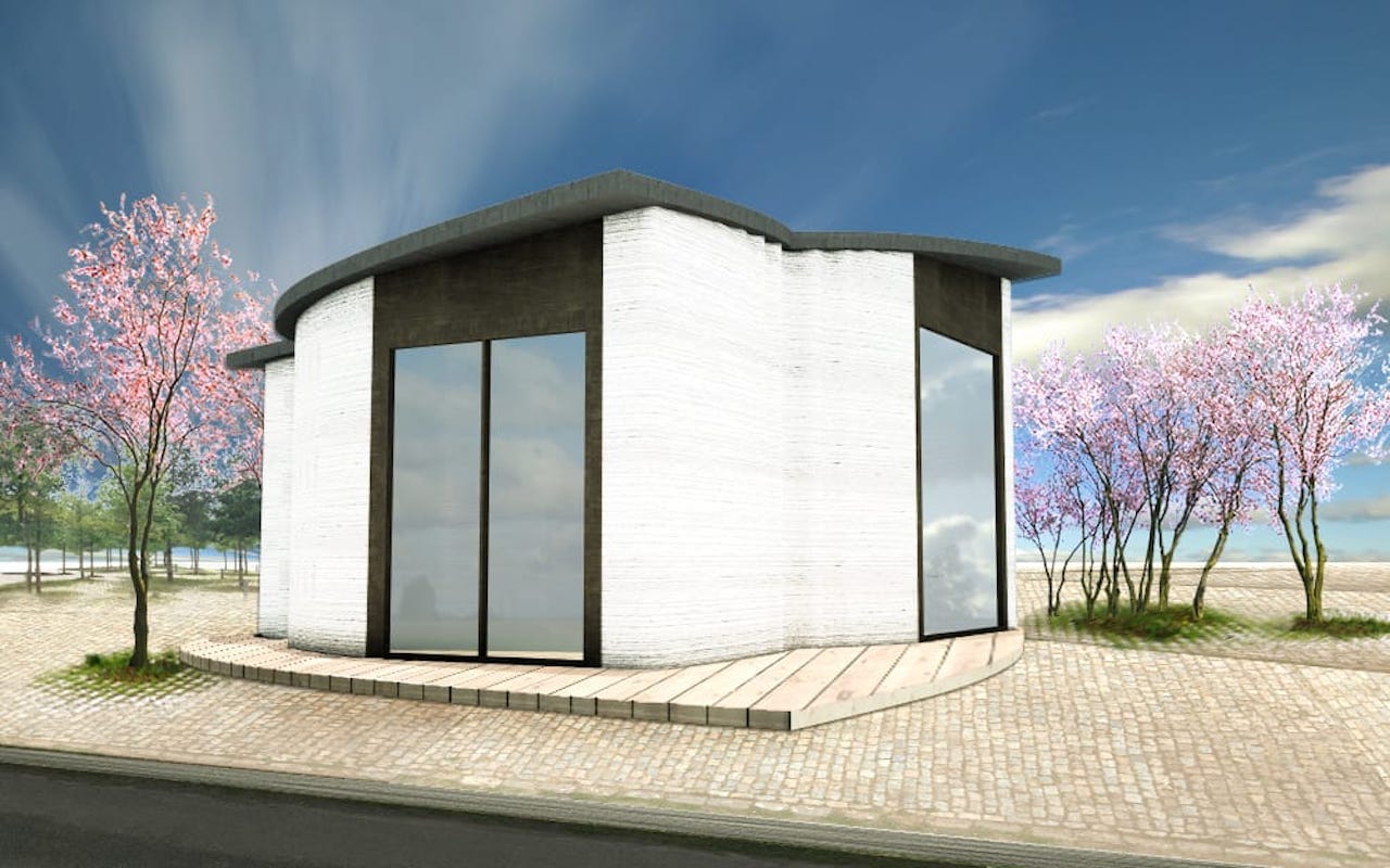  Rendering of the completed 3D printed building in Copehagen. It is not very large 