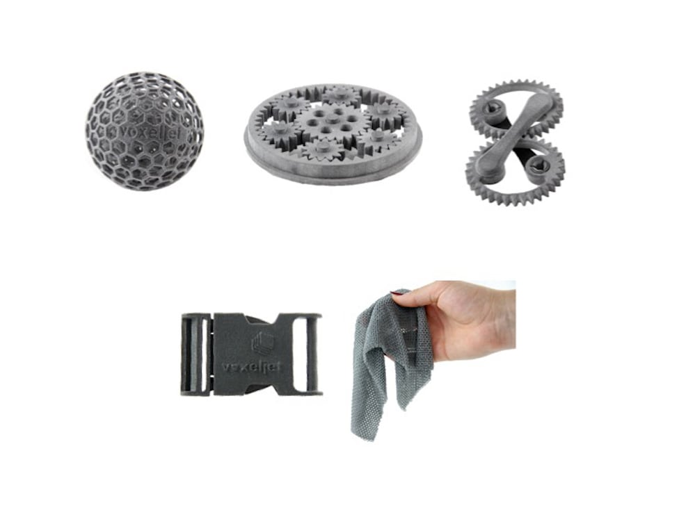  Sample plastic parts produced by the new HSS process from voxeljet, including a flexible mesh 