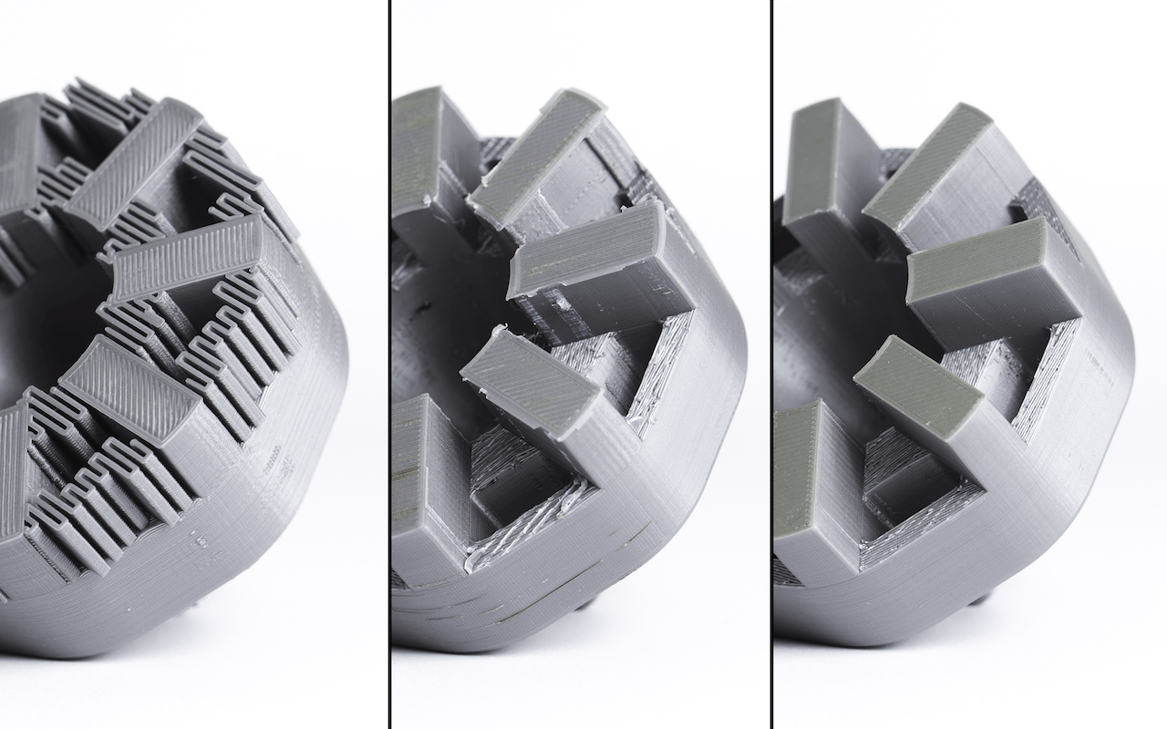 Removing 3D print support structures: Right (good), Center (bad), Left (not done at all!) 