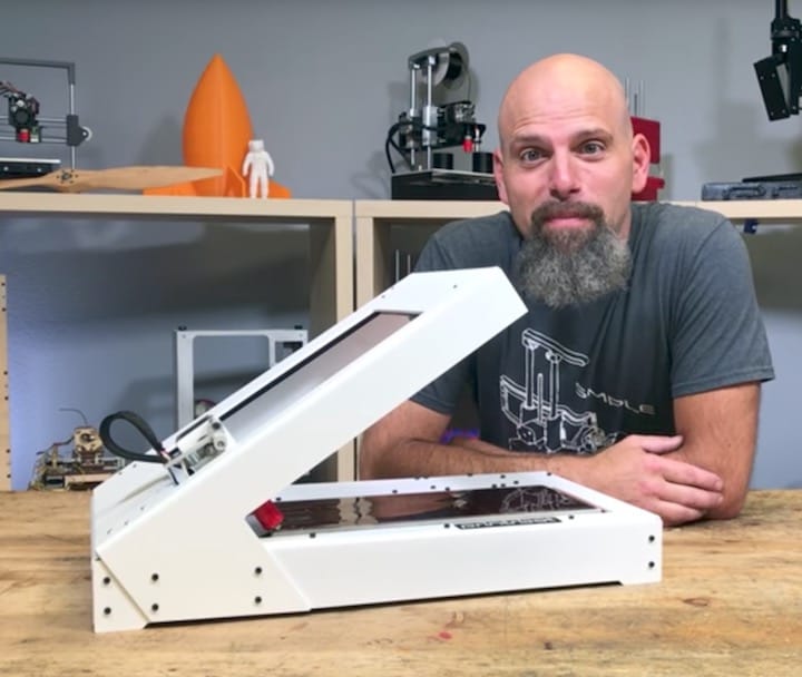 Printrbot's Brook Drumm showing off the new Printrbelt continuous 3D printer 