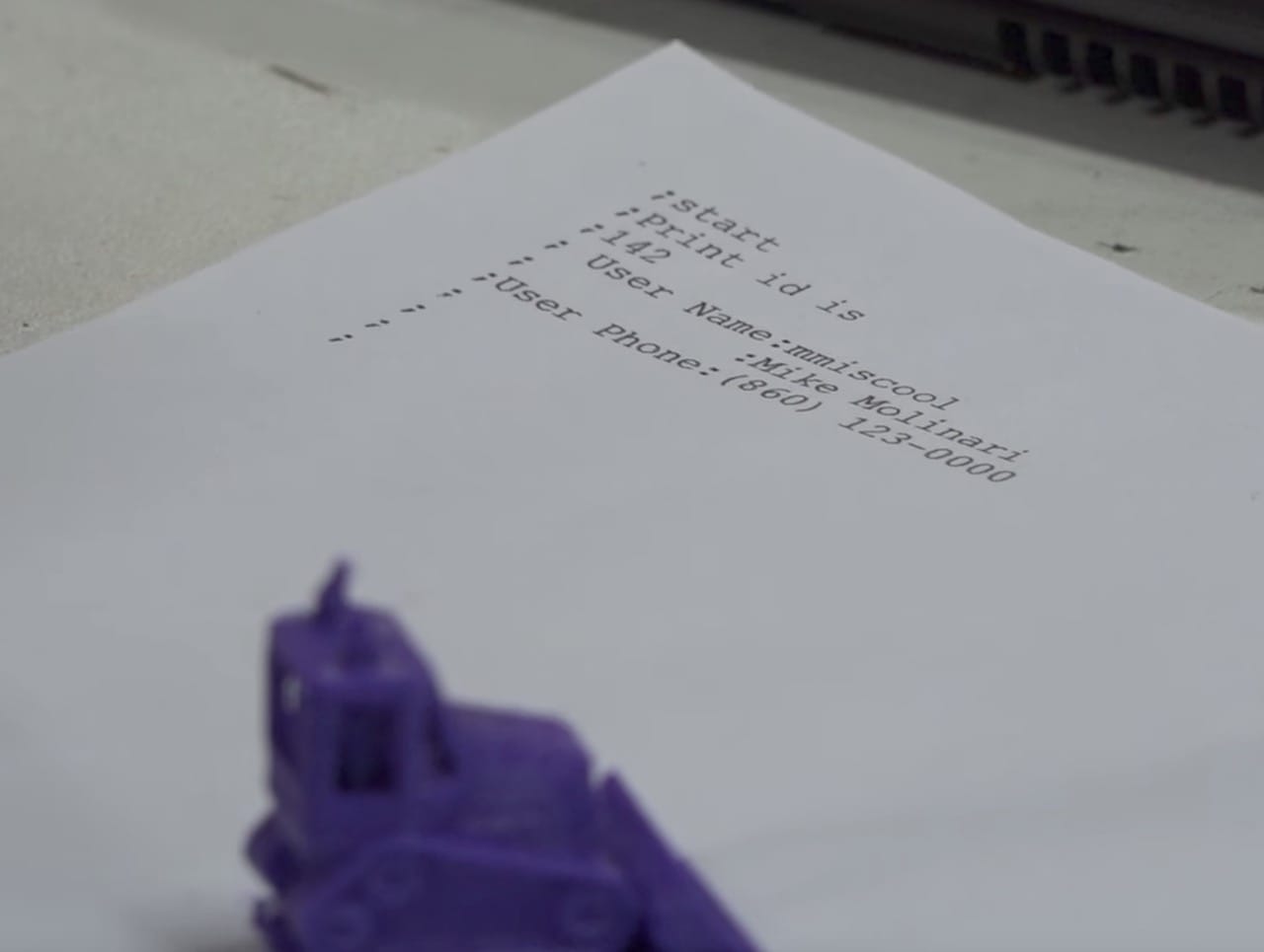  An object 3D printed on a labelled piece of paper 