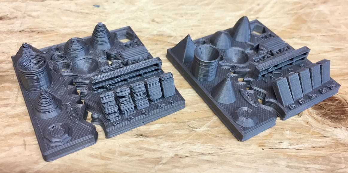  Two test prints on the Original Pruse i3 desktop 3D printer, one with tuned settings 